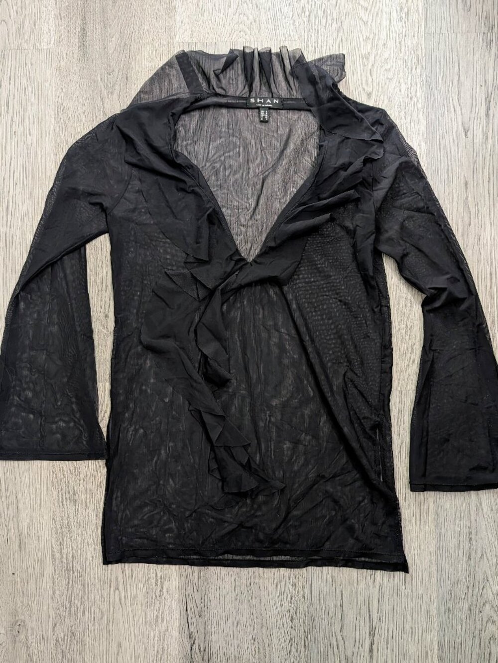 SHAN Canada Black Sheer Mesh Ruffle Tunic Top Size 6 Goth Resortwear